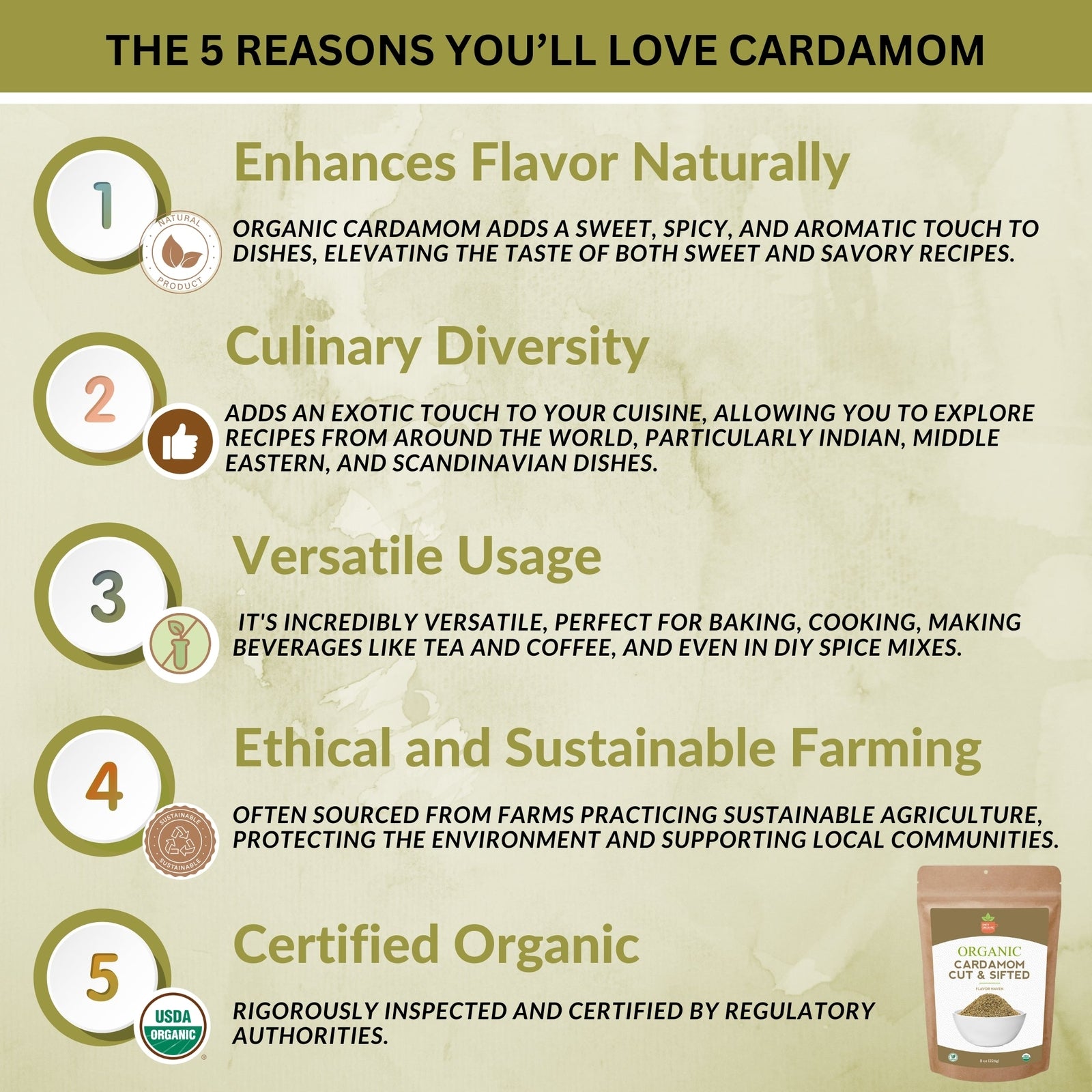 Organic Cut & Sifted Cardamom- Pure Flavor Boost for Beverges, Cooking & Baking