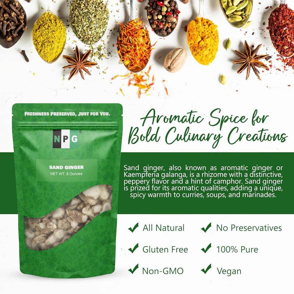 Dried Galangal Root Sand Ginger Sliced 8 Ounce, Natural NON GMO Kulinjan Alpinia Galanga Chinese Galangal Sand Ginger Slices, Herb Spices for Tom Yum and Tom Kha Soups