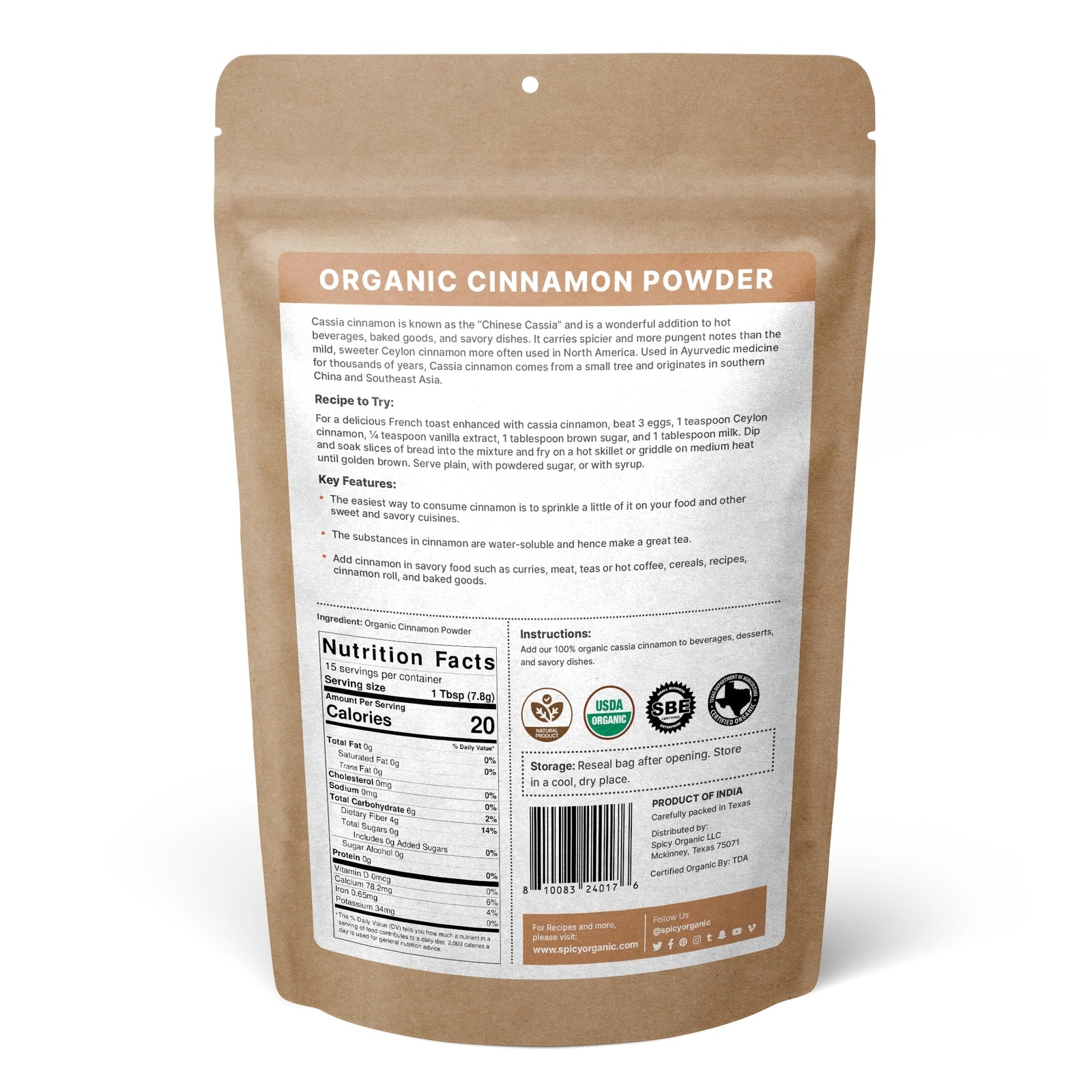 Organic Cinnamon Ground-Usda Certified Perfect for Cooking Baking & Beverages