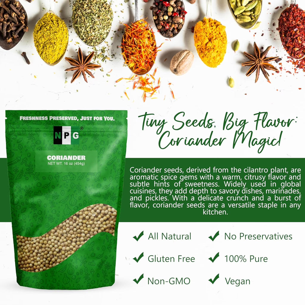 Coriander Seed 16 Oz, Whole Cilantro Seeds for Cooking & Seasoning, Spice for Indian & Middle Eastern Cuisine, Fresh Citrus Aroma, Nutty Flavor, Non-Gmo, Gluten Free
