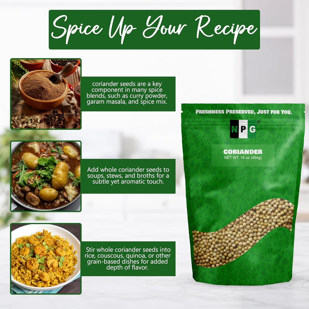 Coriander Seed 16 Oz, Whole Cilantro Seeds for Cooking & Seasoning, Spice for Indian & Middle Eastern Cuisine, Fresh Citrus Aroma, Nutty Flavor, Non-Gmo, Gluten Free