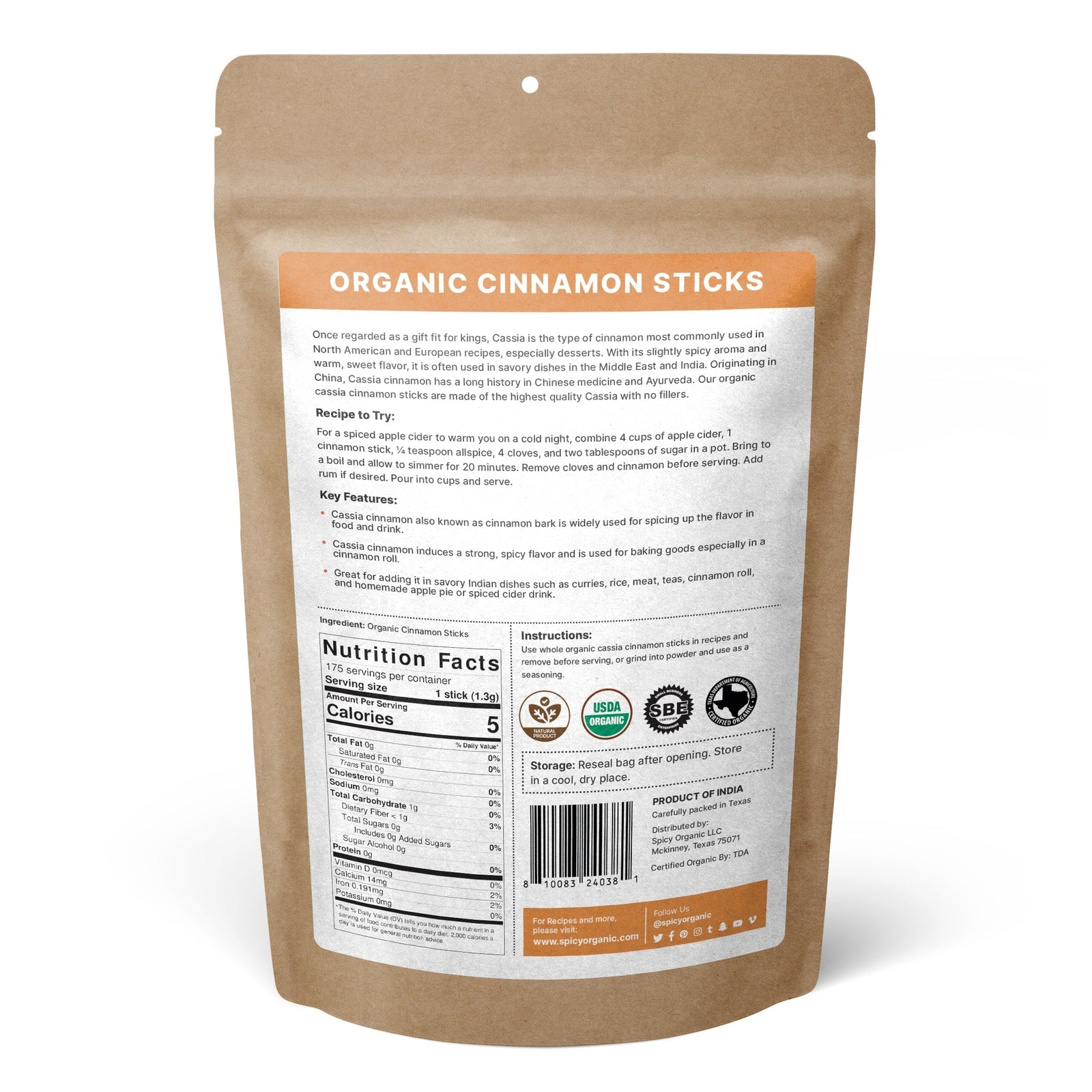 Cinnamon Sticks -USDA Certified Organic-Strong Aroma, Ideal for Cooking & Baking