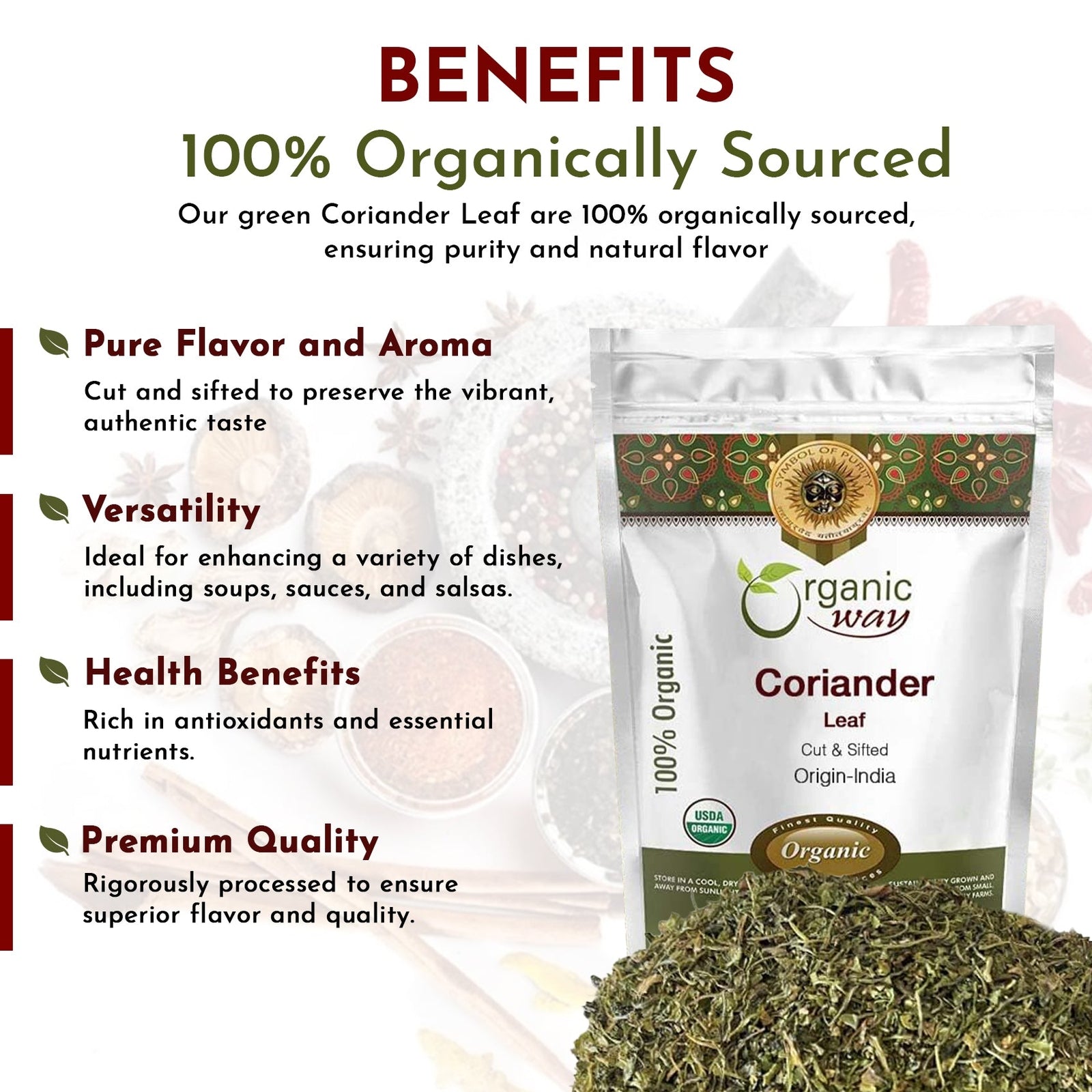 Organic Way Coriander Leaves/ Cilantro Leaves Cut and Sifted